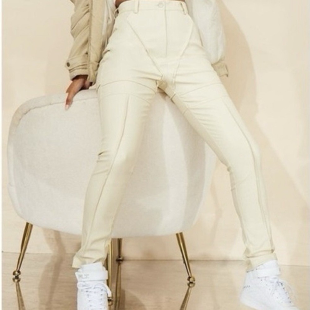 New PrettyLittleThing Cream Faux Leather‎ Contrast Panels Skinny Pants Size 4